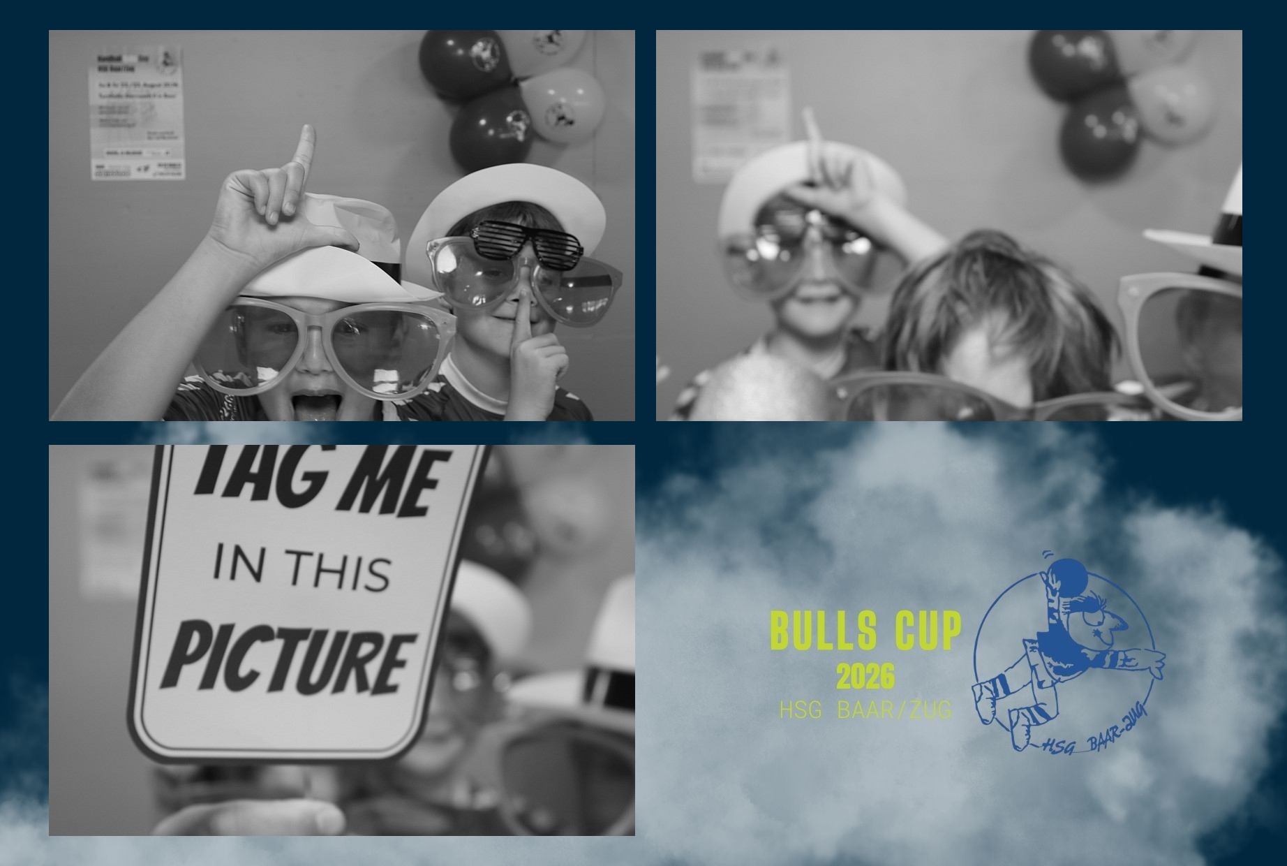 Schwarz-Weiss-Fotobox-Collage mit Kindern und Requisiten am Bulls Cup